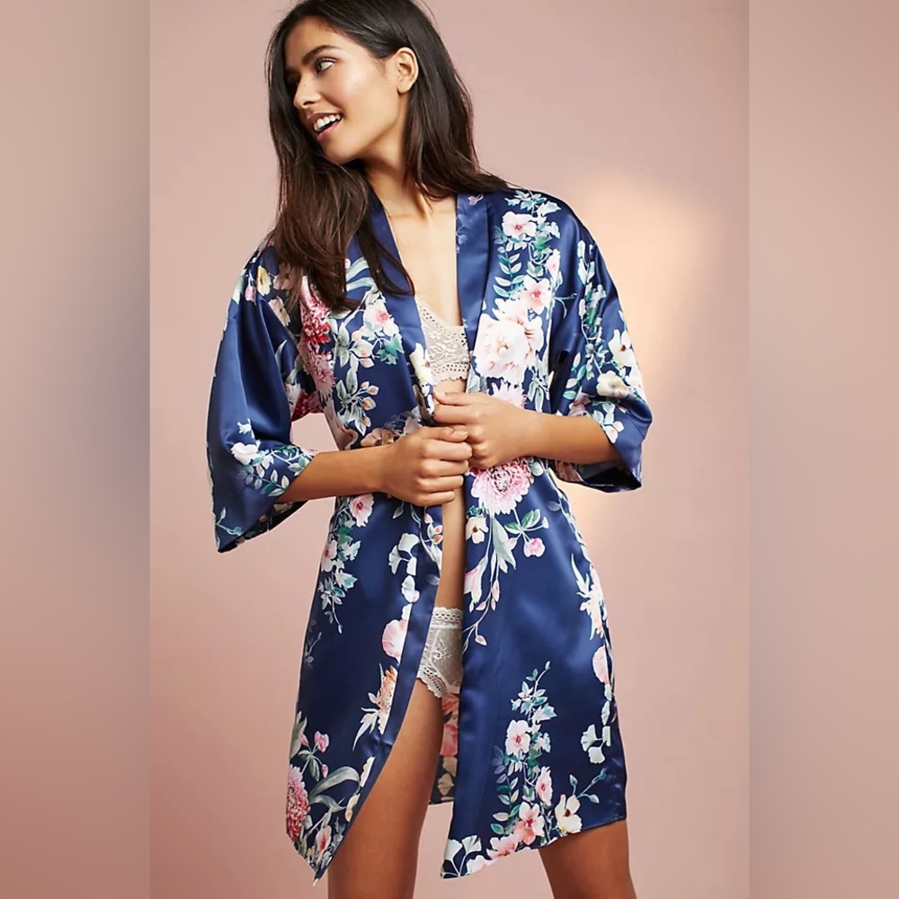 Anthropologie Navy Floral Satin Kimono Robe